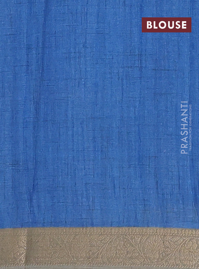 Linen tussar partly saree blue and pastel green with kalamkari prints and zari woven border