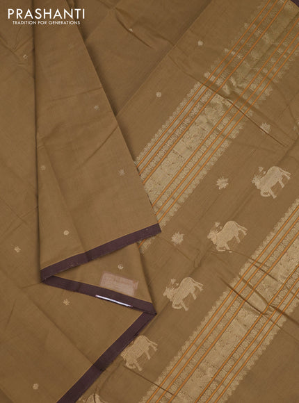 Kanchi cotton saree dark beige and brown with zari woven buttas and piping border