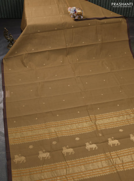 Kanchi cotton saree dark beige and brown with zari woven buttas and piping border