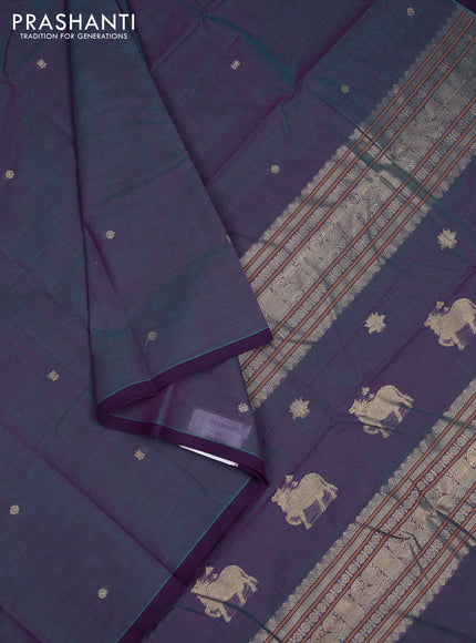 Kanchi cotton saree dual shade of blue and purple with zari woven buttas and piping border