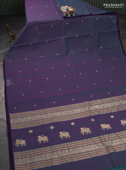 Kanchi cotton saree dual shade of blue and purple with zari woven buttas and piping border