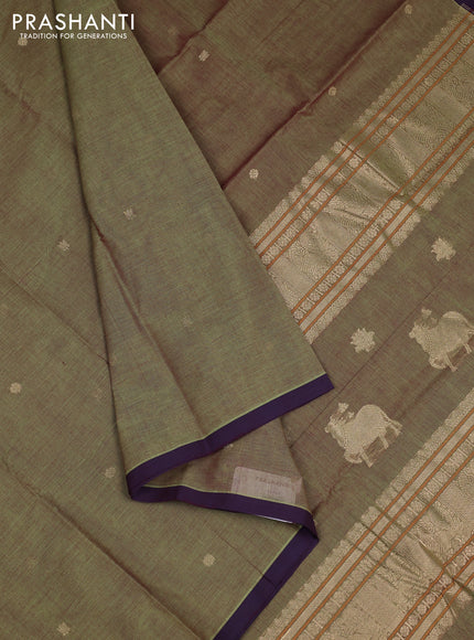 Kanchi cotton saree light green and jamun shade with zari woven buttas and piping border