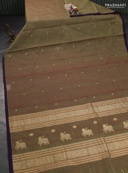 Kanchi cotton saree light green and jamun shade with zari woven buttas and piping border