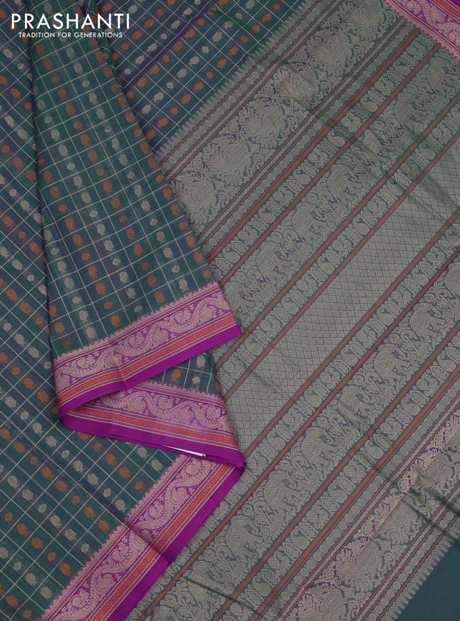 Kanchi cotton saree dual shade of bluish green and purple with allover thread checks & buttas and thread woven border