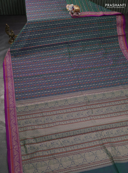 Kanchi cotton saree dual shade of bluish green and purple with allover thread checks & buttas and thread woven border