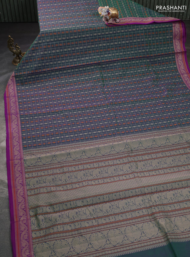 Kanchi cotton saree dual shade of bluish green and purple with allover thread checks & buttas and thread woven border