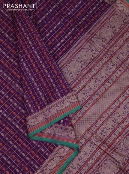 Kanchi cotton saree purple and green with allover thread checks & buttas and thread woven border