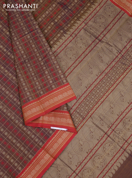 Kanchi cotton saree brown and red with allover thread checks & buttas and thread woven border