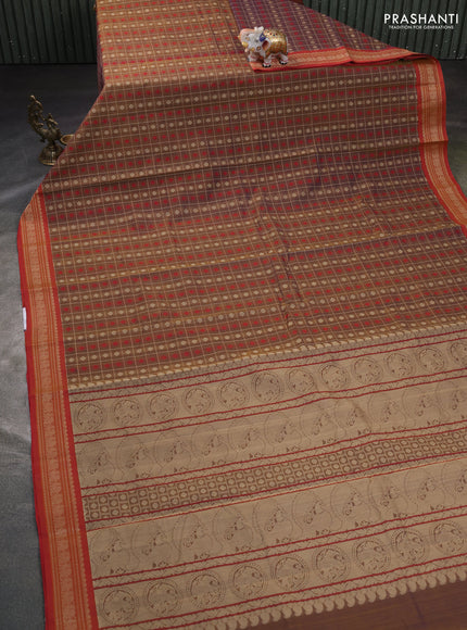 Kanchi cotton saree brown and red with allover thread checks & buttas and thread woven border