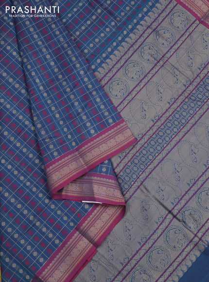 Kanchi cotton saree cs blue and pink shade with allover thread checks & buttas and thread woven border