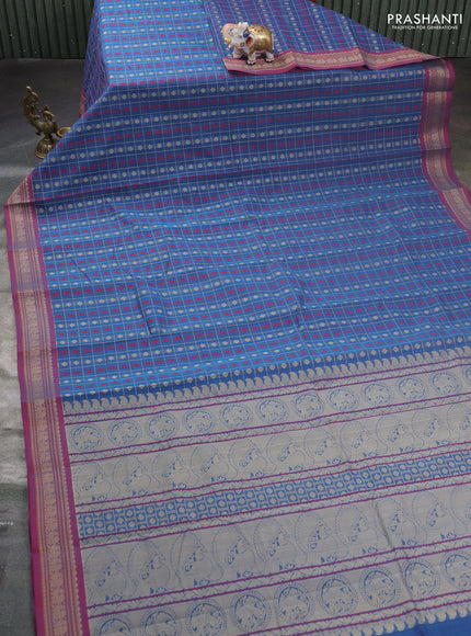 Kanchi cotton saree cs blue and pink shade with allover thread checks & buttas and thread woven border