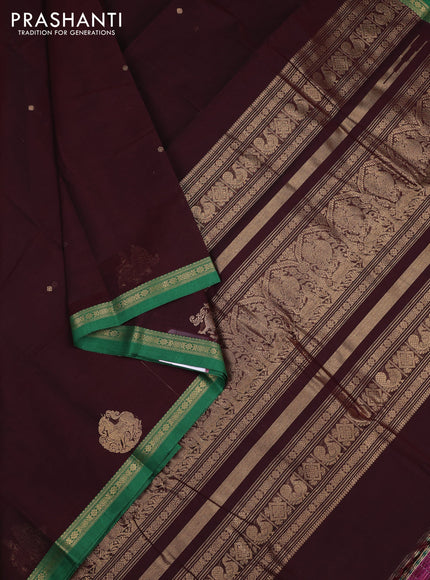 Kanchi cotton saree deep maroon and green with zari woven buttas and small zari woven border