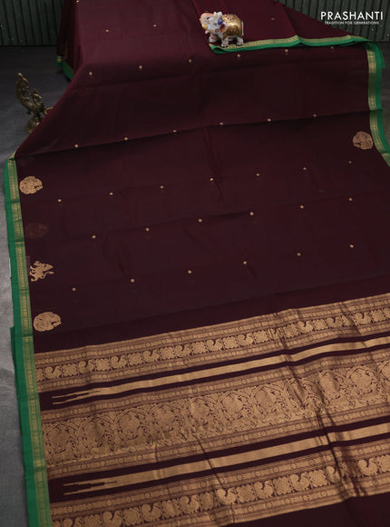 Kanchi cotton saree deep maroon and green with zari woven buttas and small zari woven border