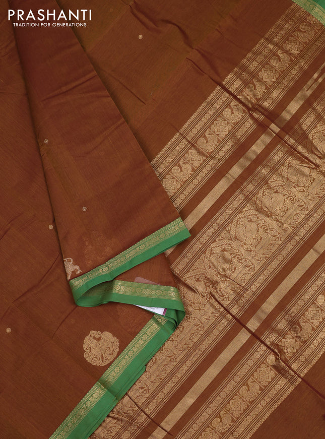 Kanchi cotton saree honey shade and green with zari woven buttas and small zari woven border