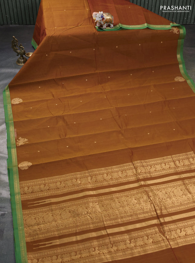 Kanchi cotton saree honey shade and green with zari woven buttas and small zari woven border