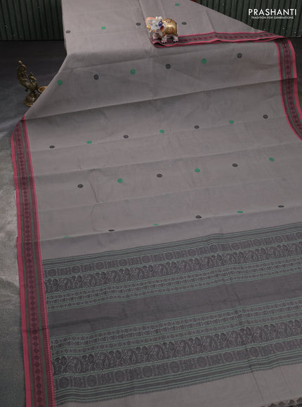 Kanchi cotton saree grey and pink with thread woven buttas and rudhraksha thread woven border