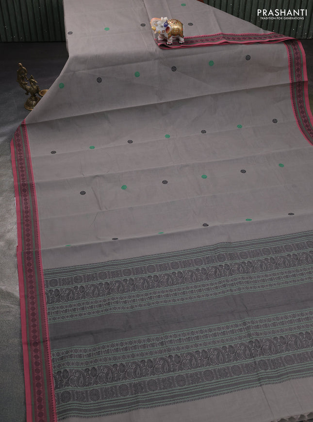 Kanchi cotton saree grey and pink with thread woven buttas and rudhraksha thread woven border