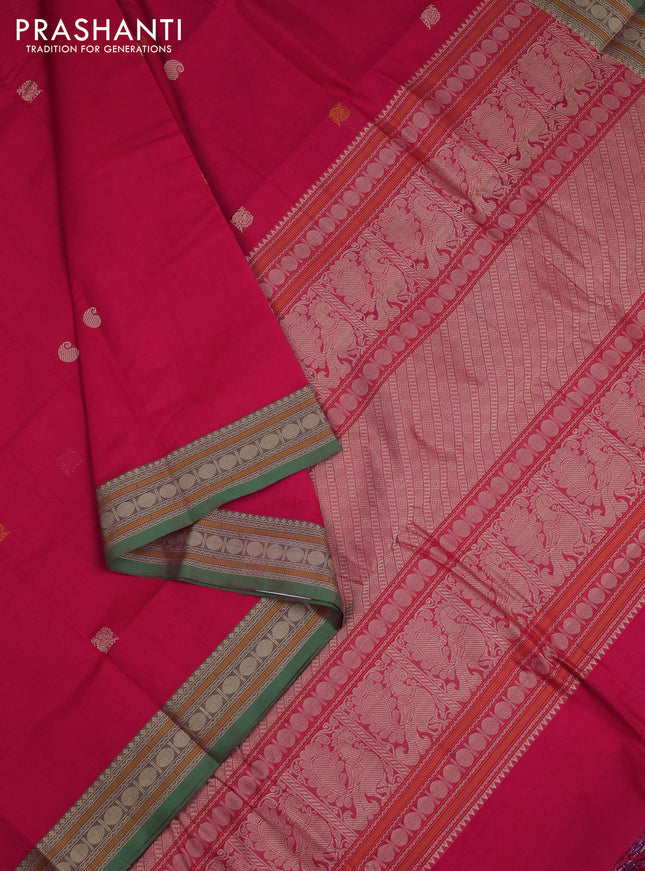 Kanchi cotton saree pink and green with annam thread woven buttas and rudhraksha thread woven border