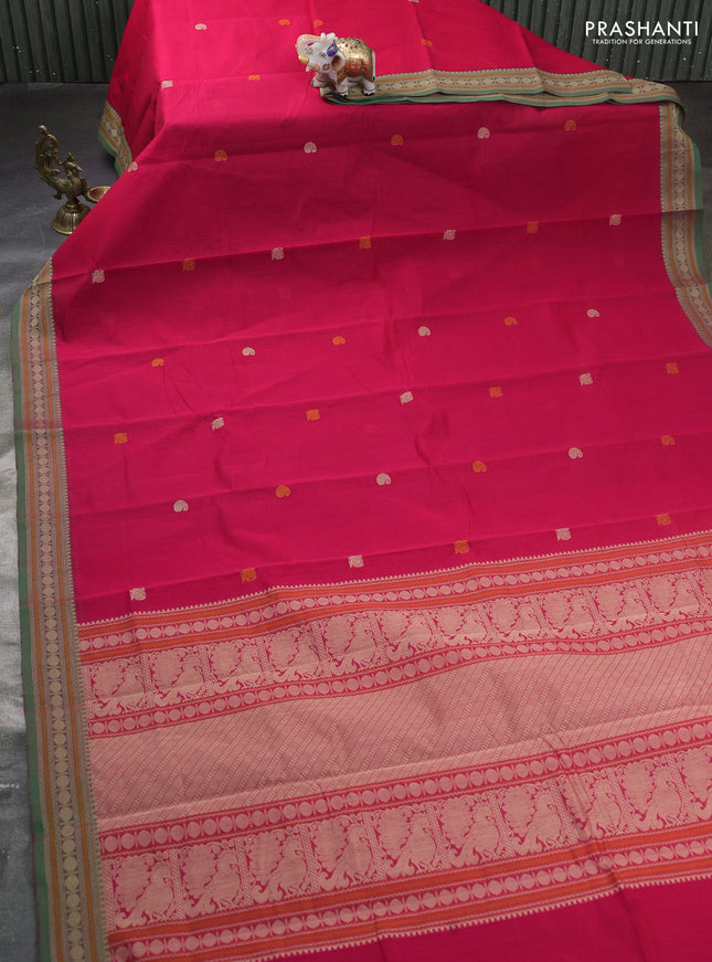 Kanchi cotton saree pink and green with annam thread woven buttas and rudhraksha thread woven border
