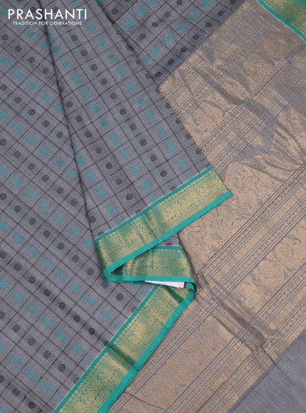 Kanchi cotton saree grey and teal green with allover thread checks & buttas and zari woven border