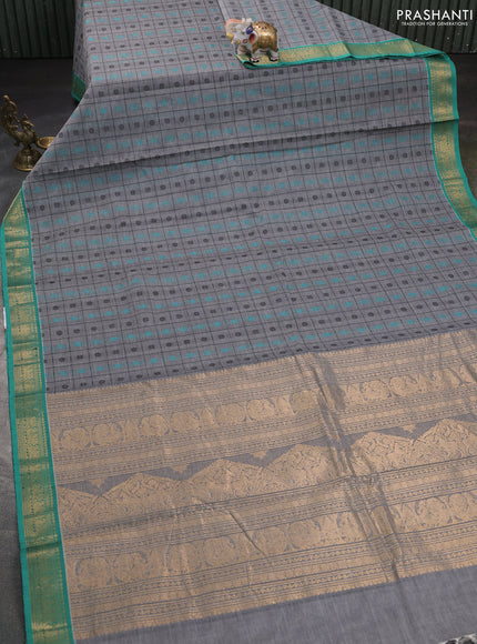 Kanchi cotton saree grey and teal green with allover thread checks & buttas and zari woven border