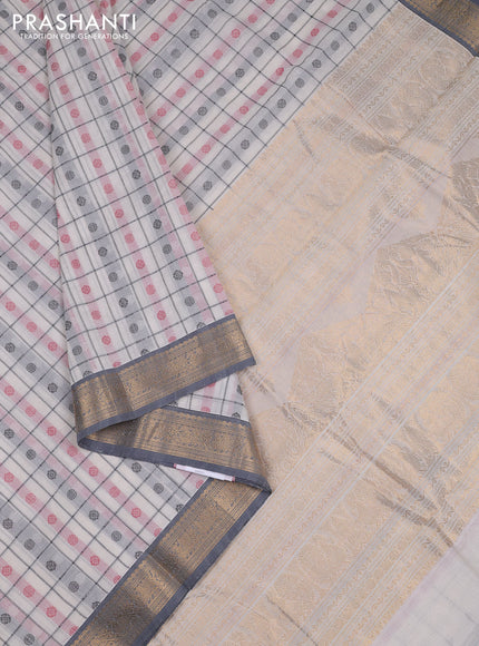 Kanchi cotton saree off white and grey with allover thread checks & buttas and zari woven border