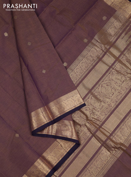 Kanchi cotton saree dual shade of brown and deep violet with zari woven buttas and zari woven border