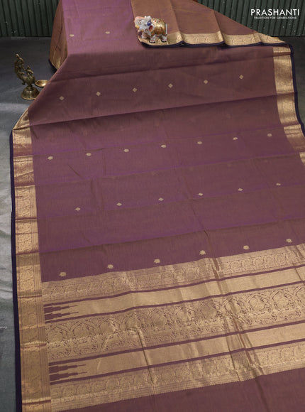 Kanchi cotton saree dual shade of brown and deep violet with zari woven buttas and zari woven border