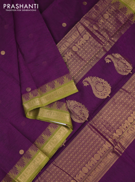 Kanchi cotton saree purple and mehendi green with zari woven buttas and zari woven border