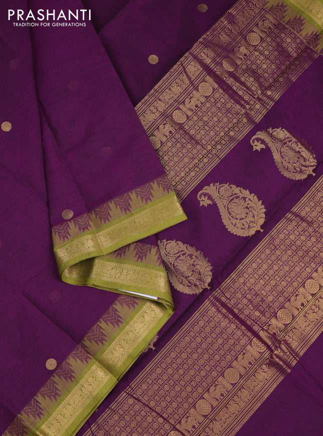 Kanchi cotton saree purple and mehendi green with zari woven buttas and zari woven border