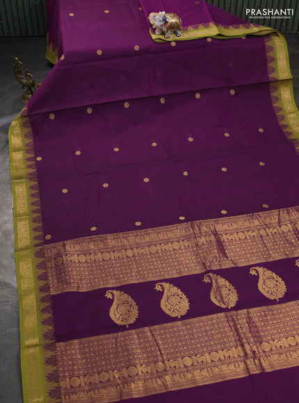 Kanchi cotton saree purple and mehendi green with zari woven buttas and zari woven border