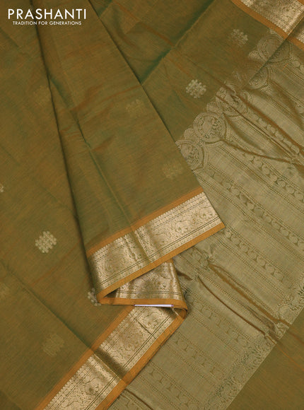 Kanchi cotton saree dual shade of greenish yellow with zari woven buttas and zari woven border