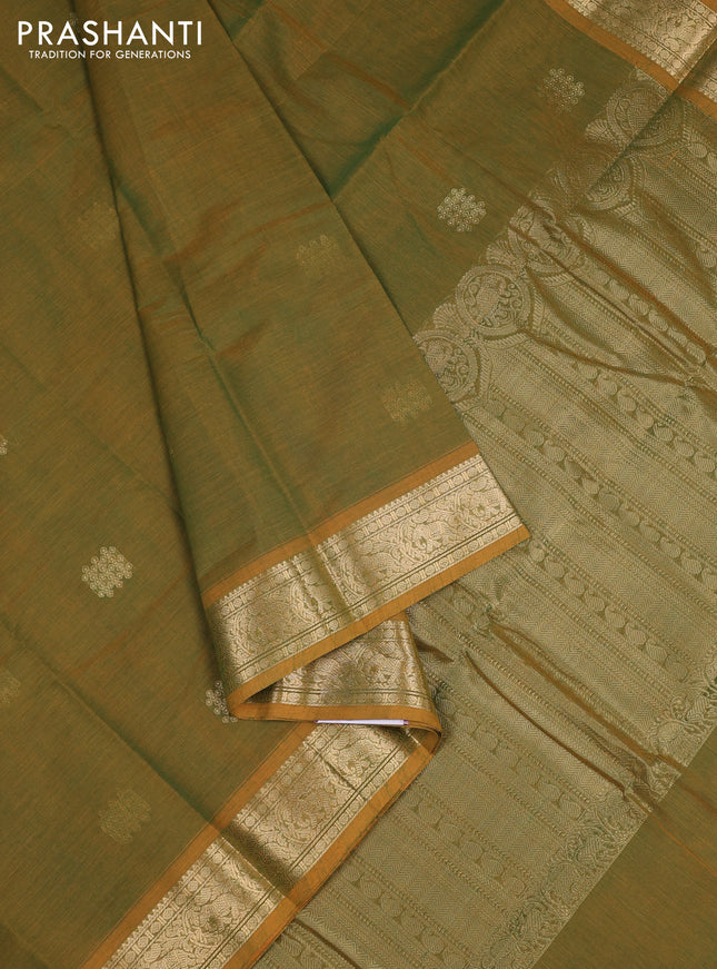 Kanchi cotton saree dual shade of greenish yellow with zari woven buttas and zari woven border
