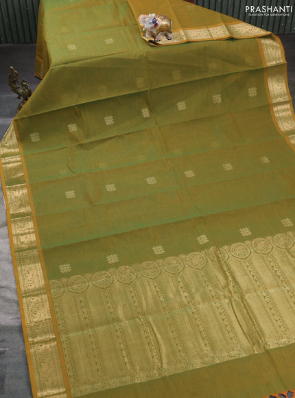 Kanchi cotton saree dual shade of greenish yellow with zari woven buttas and zari woven border
