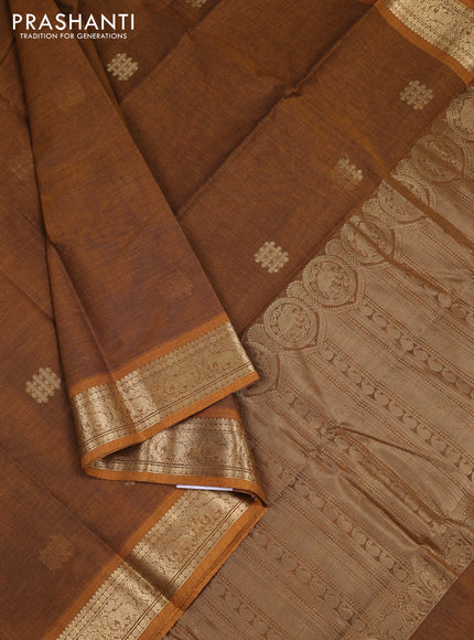 Kanchi cotton saree dark mustard with zari woven buttas and zari woven border