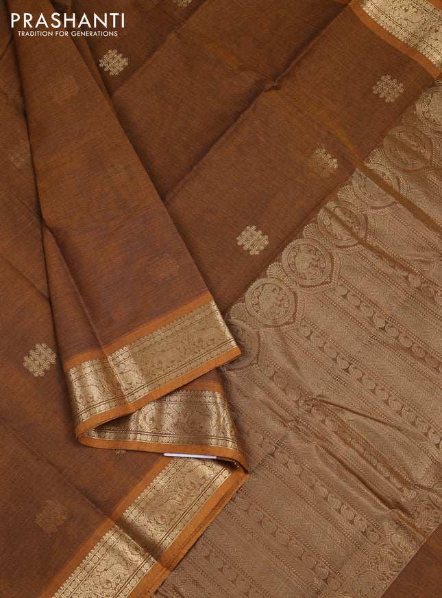 Kanchi cotton saree dark mustard with zari woven buttas and zari woven border