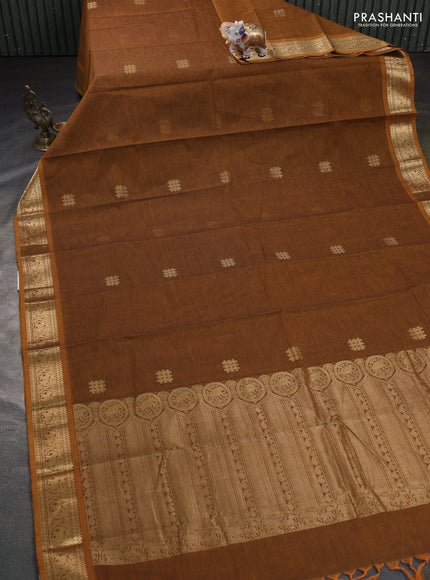 Kanchi cotton saree dark mustard with zari woven buttas and zari woven border