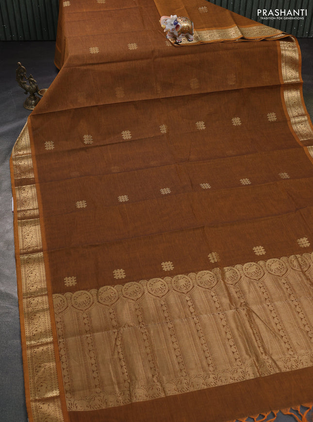 Kanchi cotton saree dark mustard with zari woven buttas and zari woven border