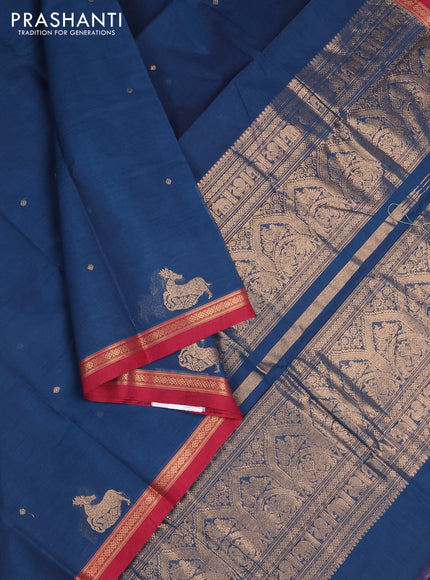 Kanchi cotton saree peacock blue and maroon with zari woven buttas and small zari woven border