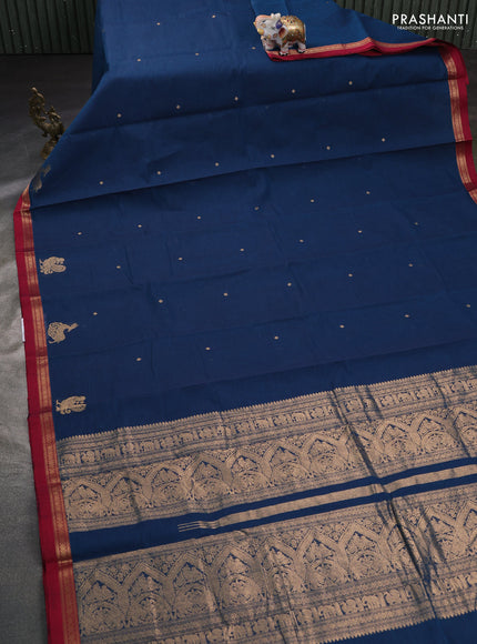 Kanchi cotton saree peacock blue and maroon with zari woven buttas and small zari woven border