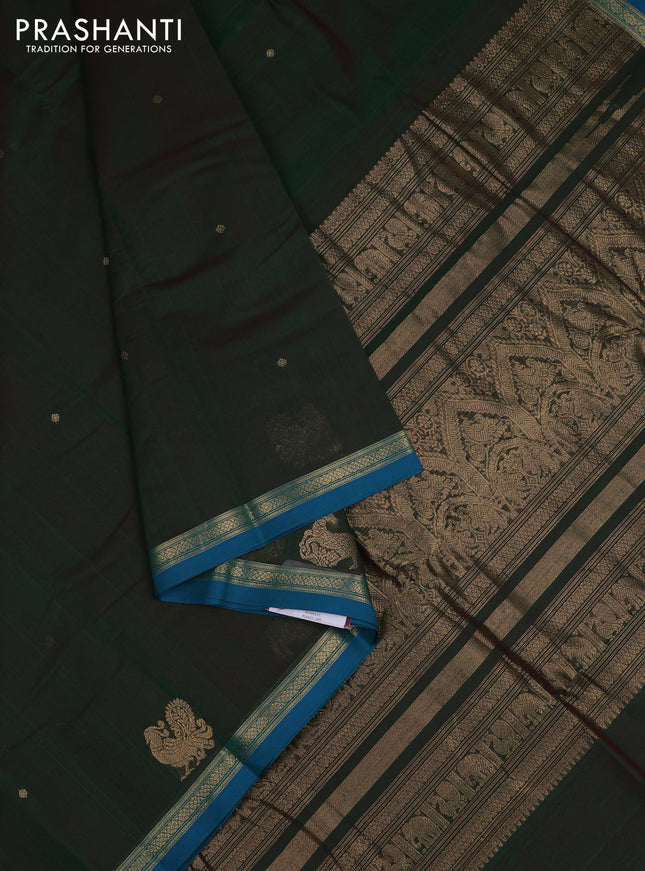 Kanchi cotton saree green and peacock blue with zari woven buttas and small zari woven border