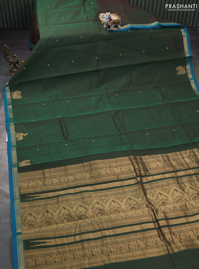 Kanchi cotton saree green and peacock blue with zari woven buttas and small zari woven border