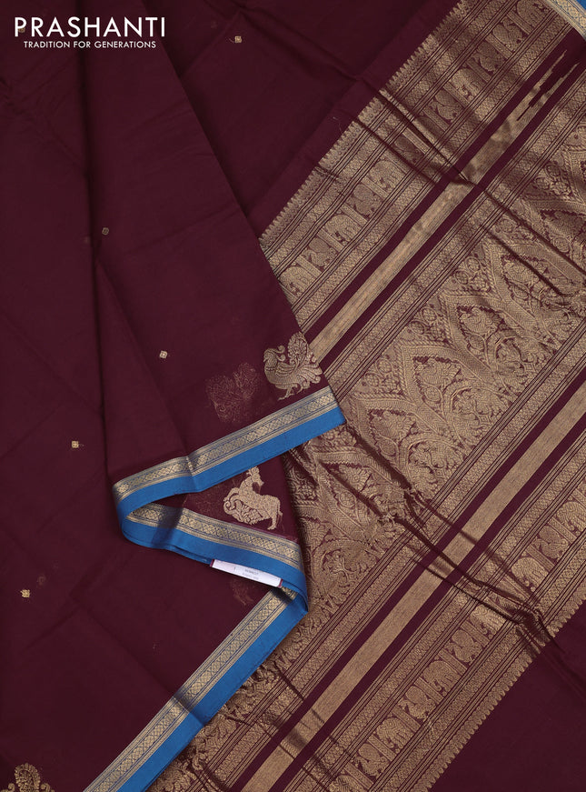 Kanchi cotton saree deep maroon and peacock blue with zari woven buttas and small zari woven border