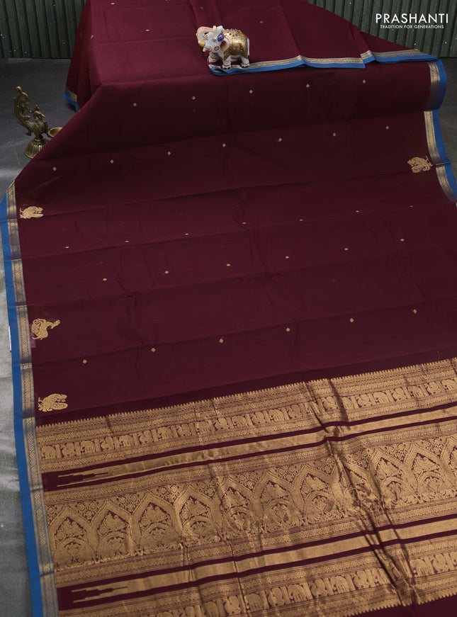 Kanchi cotton saree deep maroon and peacock blue with zari woven buttas and small zari woven border
