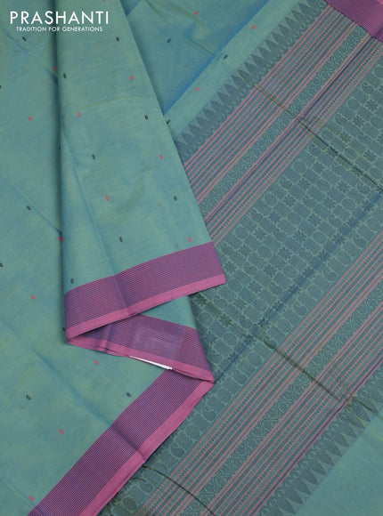 Kanchi cotton saree dual shade of bluish yellow and pastel pink with thread woven buttas and thread woven border