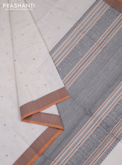 Kanchi cotton saree off white and mustard yellow with thread woven buttas and simple border