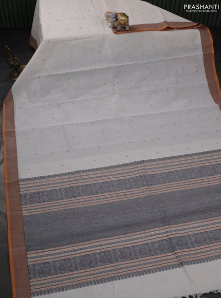 Kanchi cotton saree off white and mustard yellow with thread woven buttas and simple border