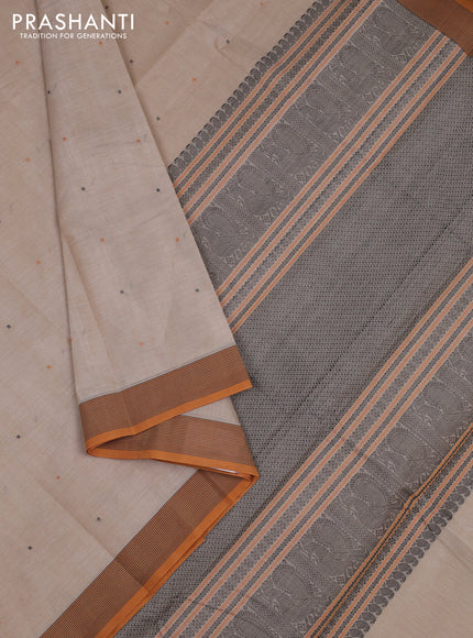 Kanchi cotton saree beige and mustard yellow with thread woven buttas and simple border