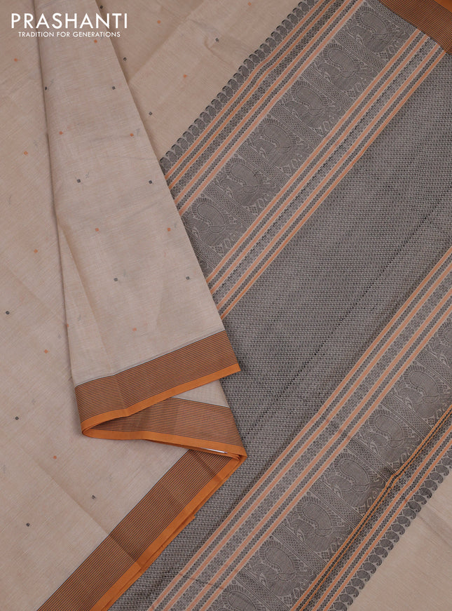 Kanchi cotton saree beige and mustard yellow with thread woven buttas and simple border
