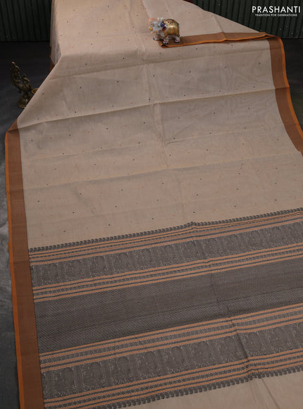 Kanchi cotton saree beige and mustard yellow with thread woven buttas and simple border